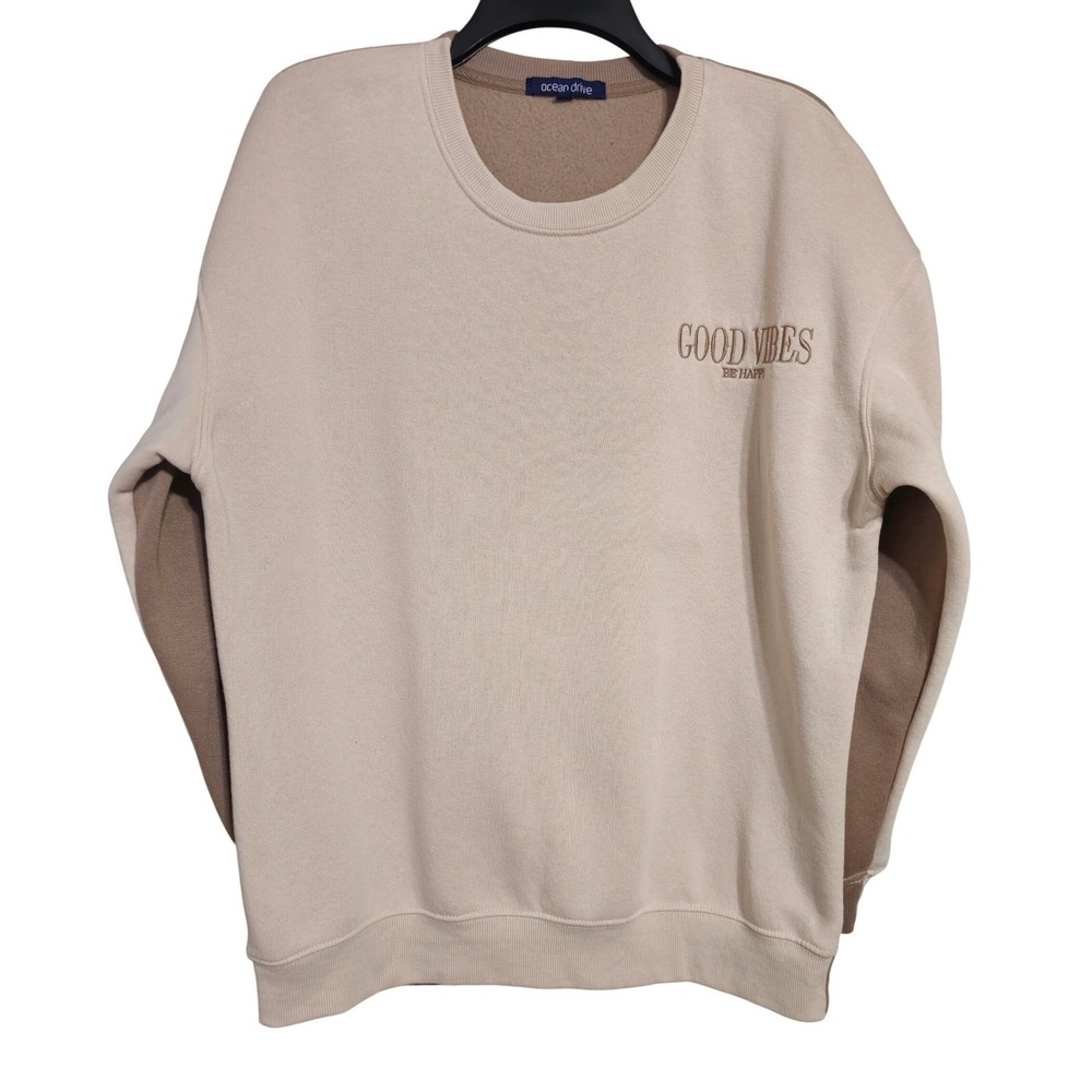 Ocean Drive Beige Good Vibes Be Happy Embroidered Sweatshirt Size S EUC